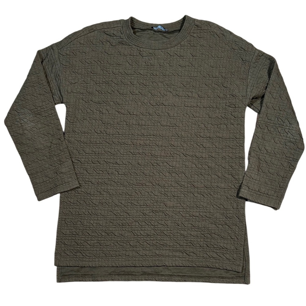 Zara Trafaluc Top Olive Green Crinkle Textured Long Sleeve Blouse Earthy Small
